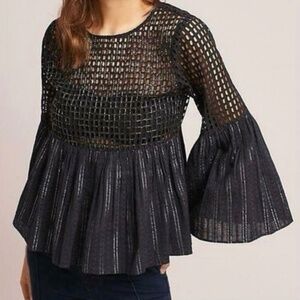Anthropologie Maeve Black Alameda Beaded Metallic Striped Peplum Top